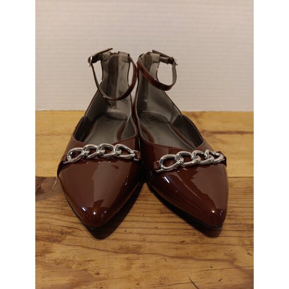 Worthington Cozette Women's 11 M Brown Patent Pointed Toe Ballet Flats Chain Zip - Picture 2 of 9